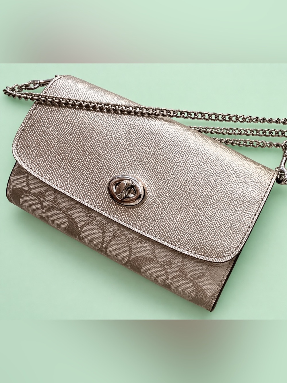 NWOT COACH METALLIC CHAMPAGNE SILVER SIGNATURE CROSSBODY CHAIN WRISTLET BAG